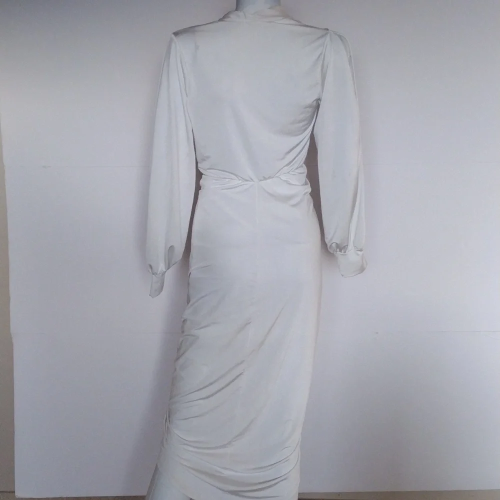 Win Win Woman Medium White Pleated Midi Ruched Dress Long Sleeves V-Neck - Picture 8 of 8